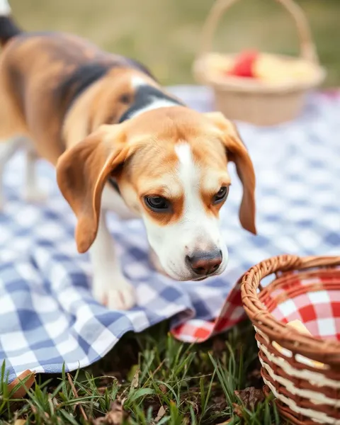 Beagle joue avec des piques pour des collations dans un pique-nique