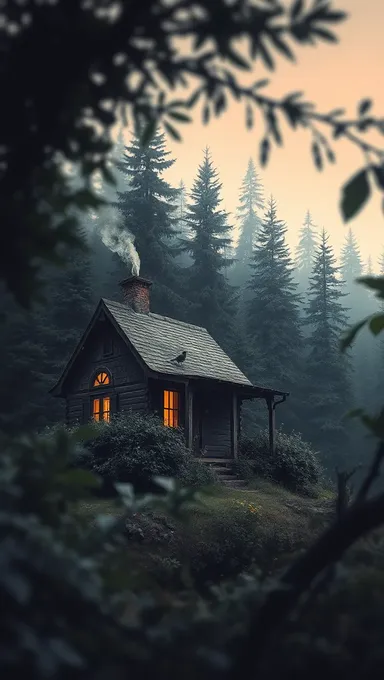 Chalet accueillant dans la forêt dense avec fumée et oiseaux