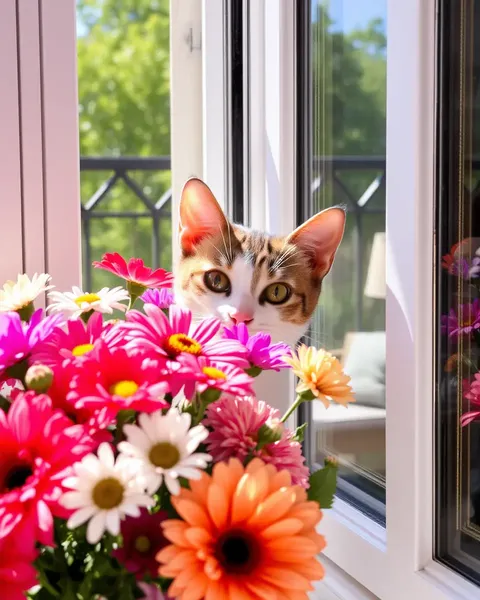 Chat curieux jette un coup d'œil à partir d'un bouquet de fleurs sur une fenêtre ensoleillée