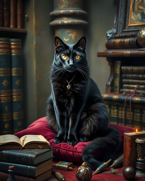 Chat noir majestueux s'assoit sur un coussin de velours avec des antiquités