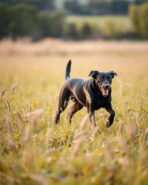 Chien noir court libre dans la haute herbe avec le vent