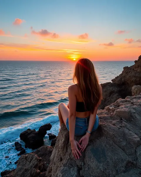 Fille apprécie le coucher du soleil sur l'océan depuis un rocher escarpé