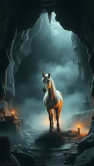 Licorne dans Caverne Mystique avec Symboles Anciens et Lumière