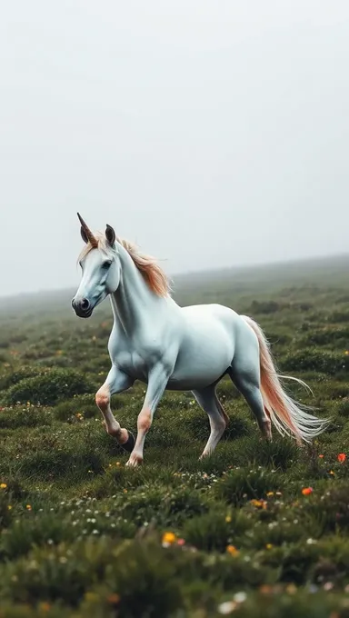 Licorne dans prairie luxuriante avec brouillard