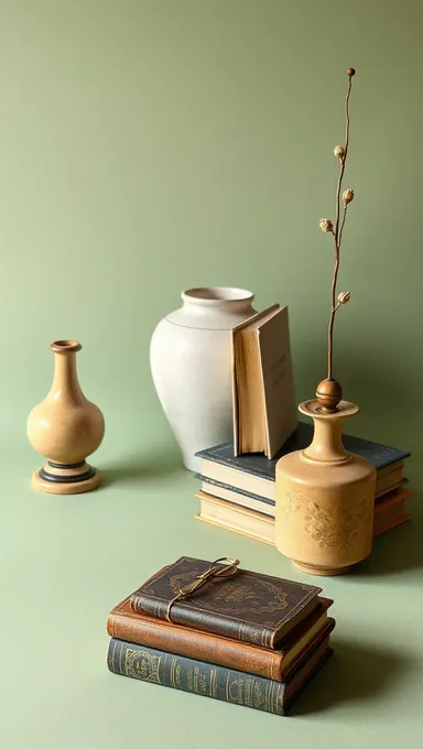 Livres anciens et vases antiques sur un fond vert sauvage