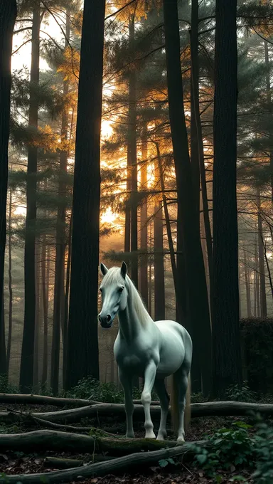 Lumière dorée éclaire un licorne dans une forêt dense