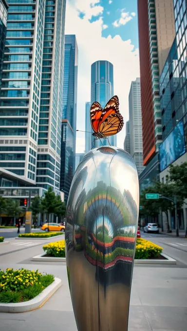 Parc urbain moderne avec papillon sur statue métallique