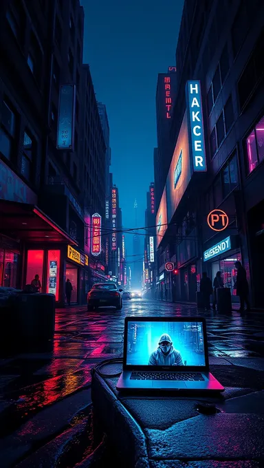 Paysage urbain cyberpunk avec ordinateur portable V-280 du hacker