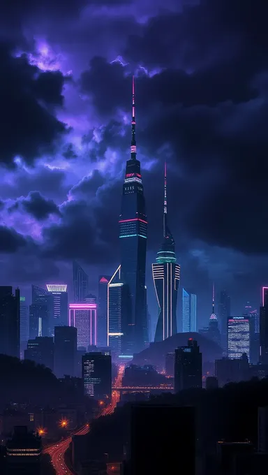 Paysage urbain futuriste avec lumières neon et ciel orageux