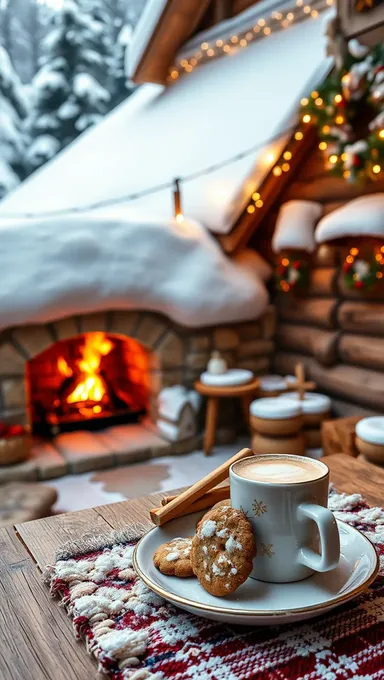 Scène de cabine confortable avec feu de camp chaud et chocolat chaud