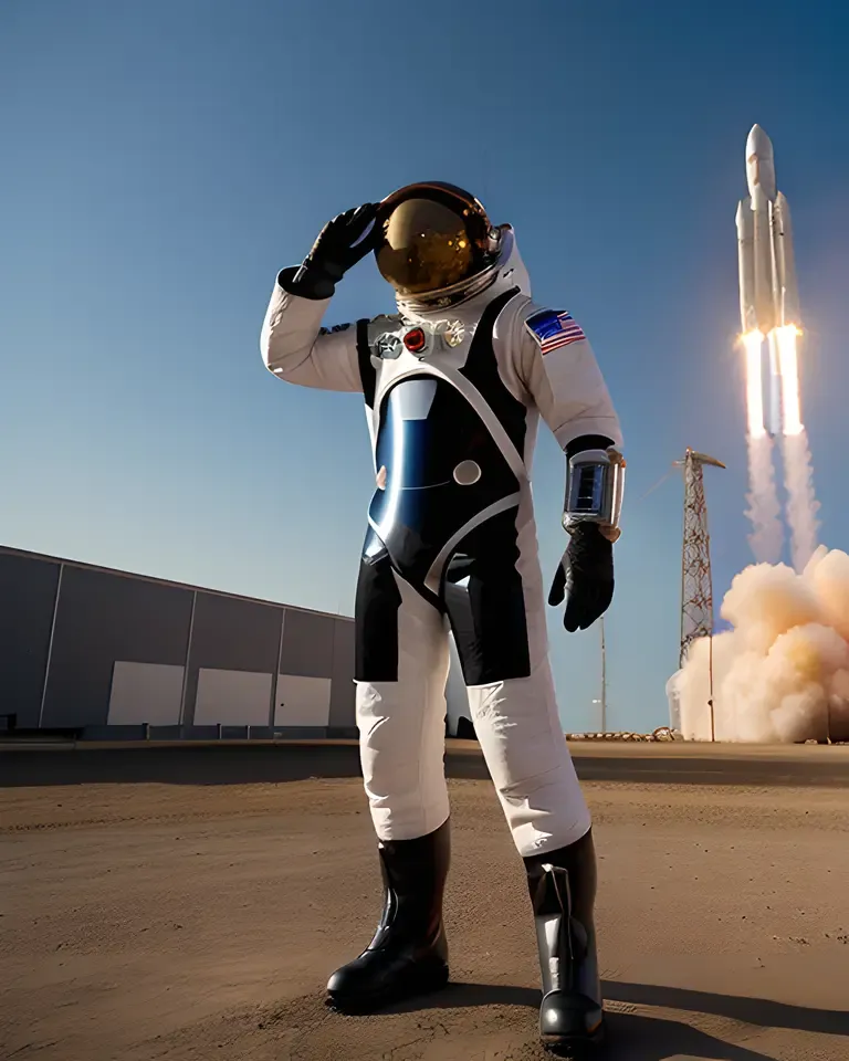 Astronaut in Space Suit Ready to Board Rocket Lancer Ship