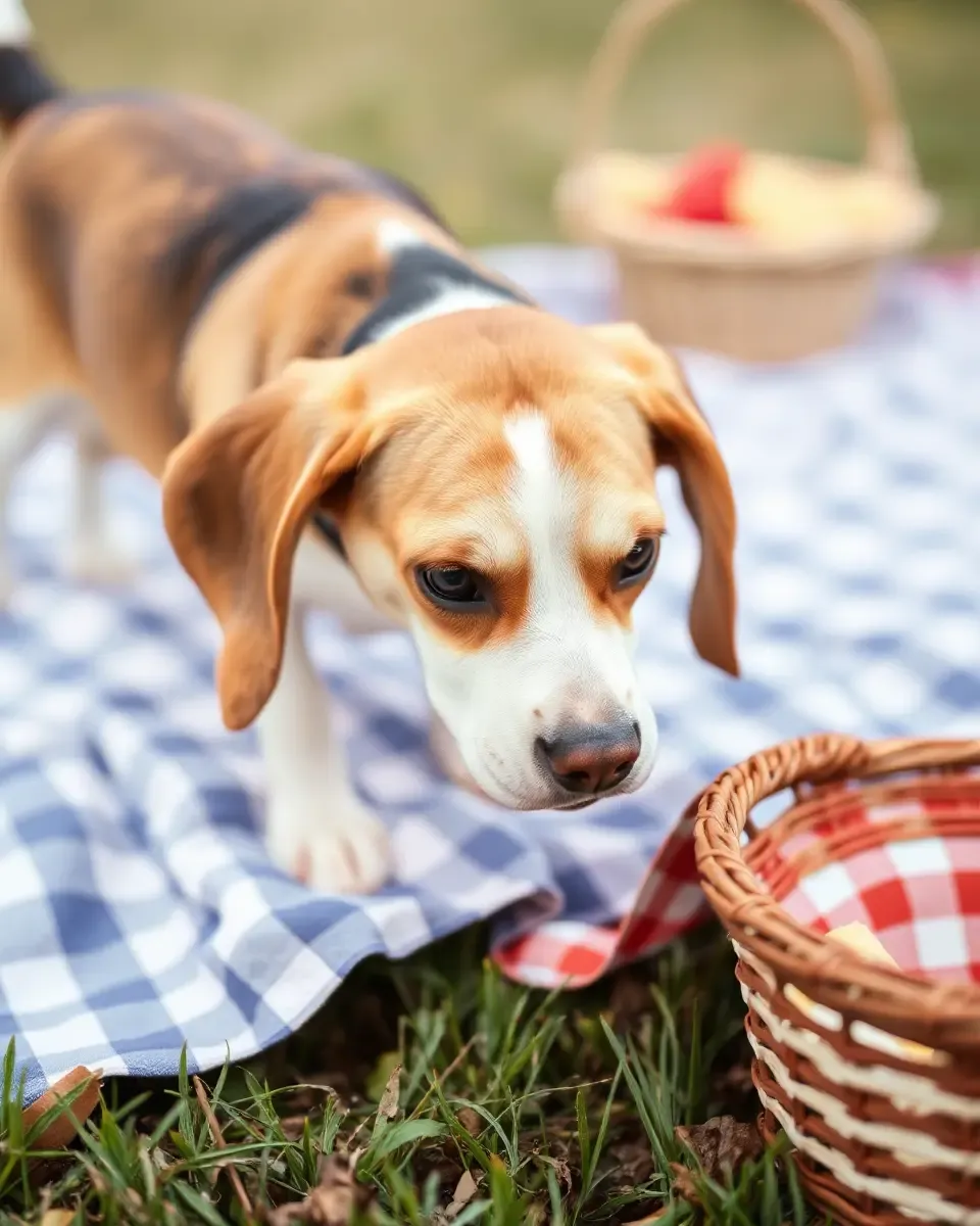 Beagle joue avec des piques pour des collations dans un pique-nique