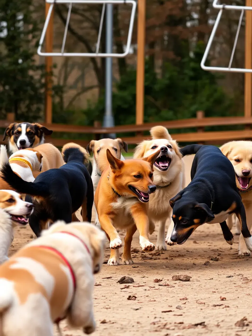 Diverse Dogs Play Together in Dog Park Fun