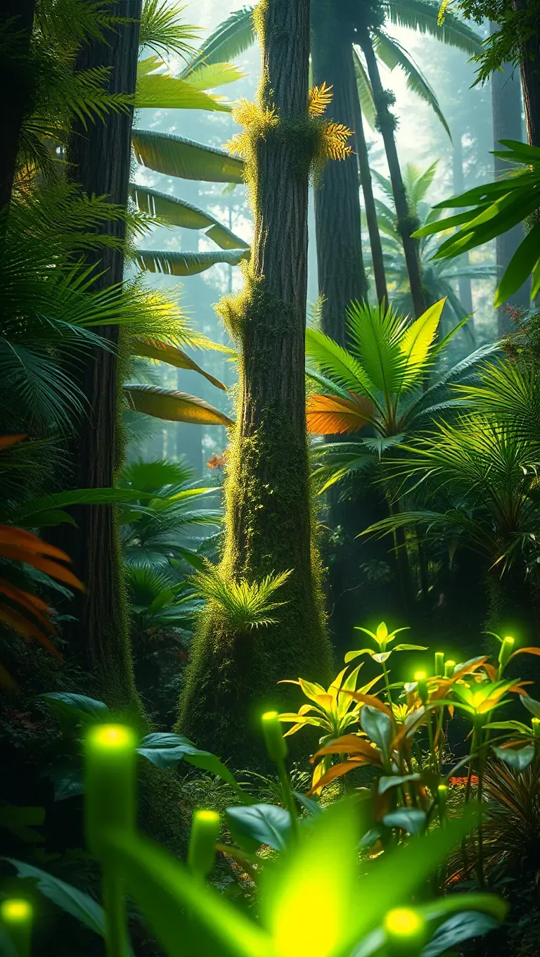 Forêt luxuriante avec des plantes magiques et une lumière douce
