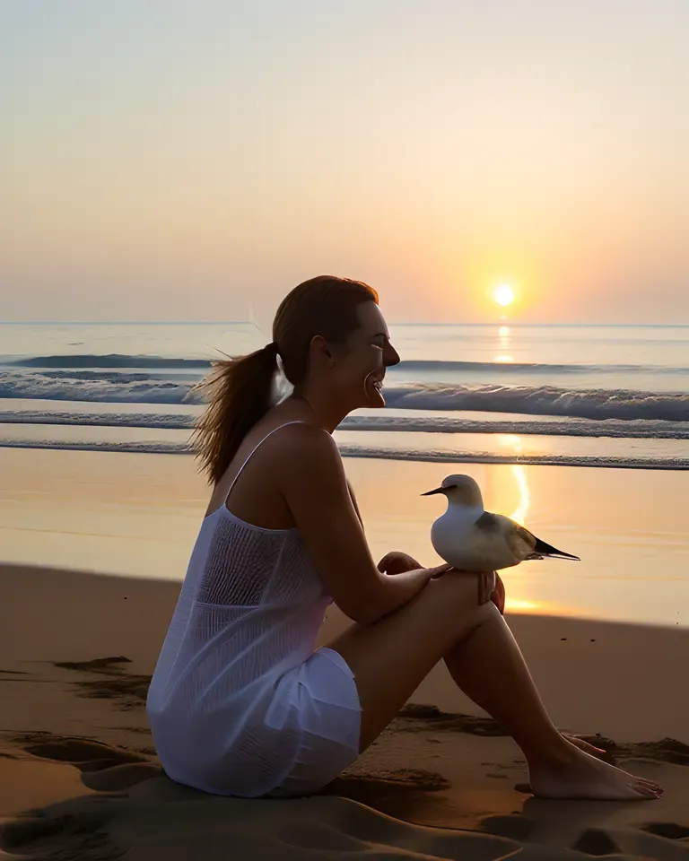 Happy Girl Enjoys Sunset on the Beach with Seagull