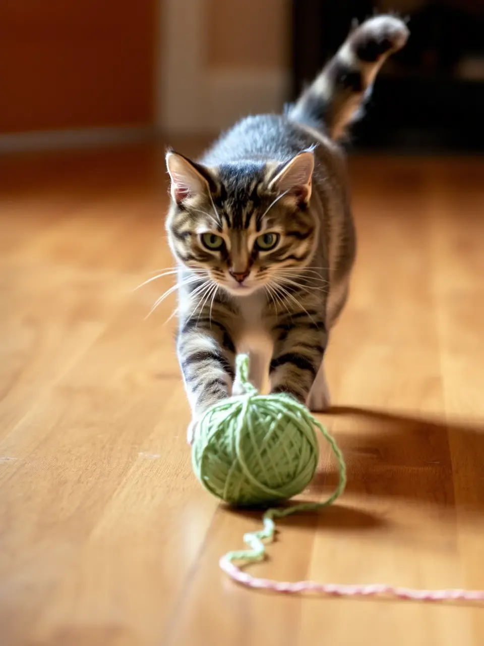 Playful Cat Chases Yarn across Hardwood Floor with Pattering Paws