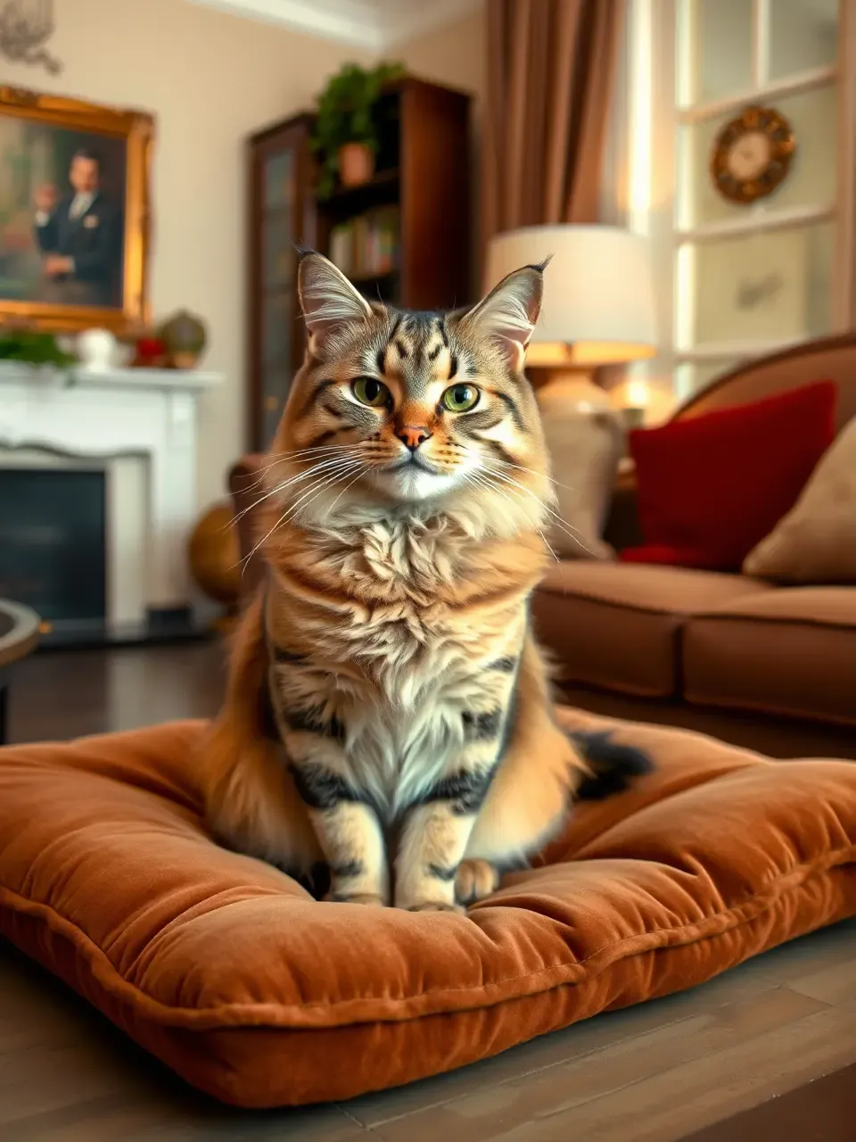 Regal Cat Sits on Velvet Cushion with Mischief in Eyes