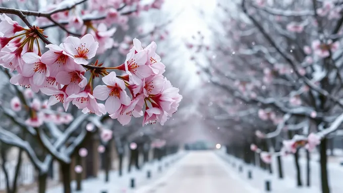 雪の背景に桜が舞うシーンを装飾