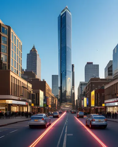 Futuristic City Welcome: Modern Skyscraper and Holographic Greeting