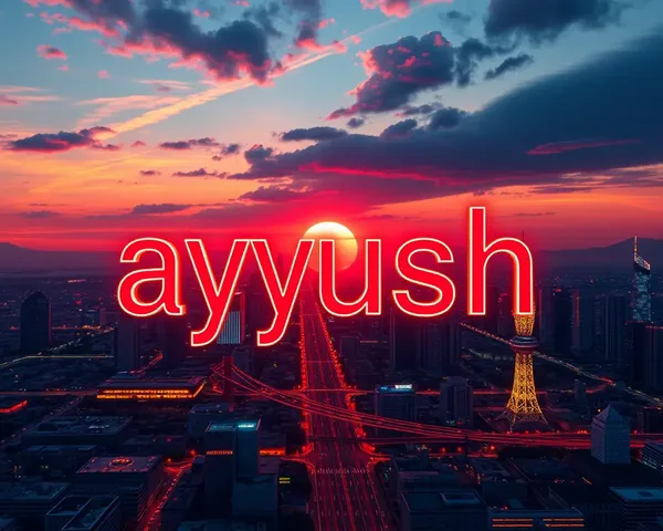 **Ayush** in Neon Font: Futuristic Cityscape Sunset