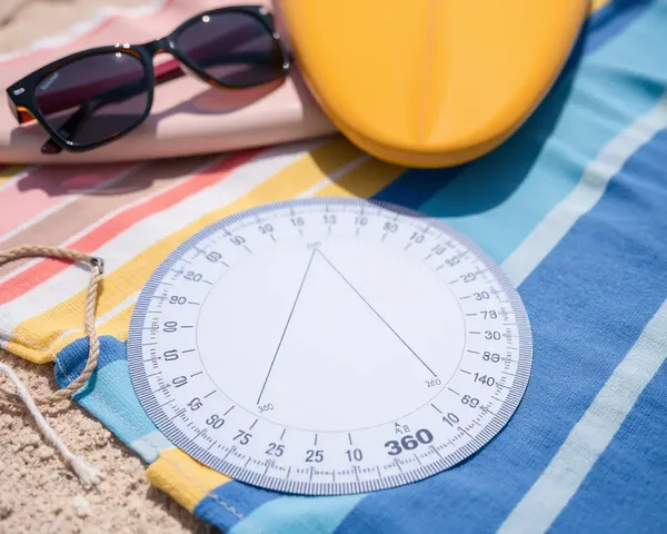 360 Degree Protractor on Beach Towel with Surfboard and Sunglasses