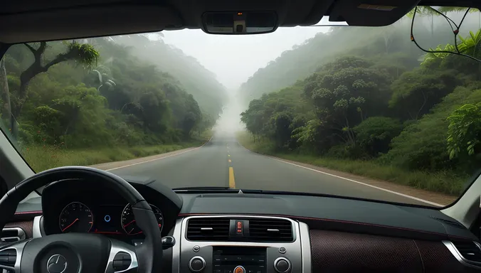 3D Car Drives Through Dense Misty Jungle