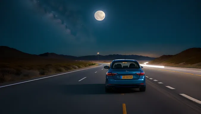 3D Car Drives on Deserted Highway at Night