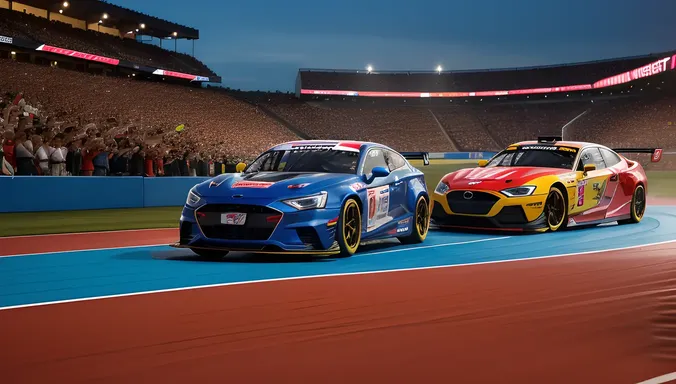3D Car Races on Track with Flashing Lights and Crowd