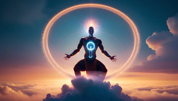 AI Monk Floats in Mid-Air with Swirling Data Clouds