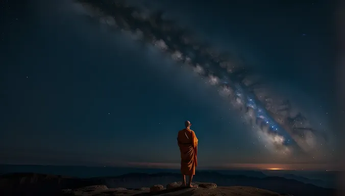 AI Monk Gazes at Starry Night Sky