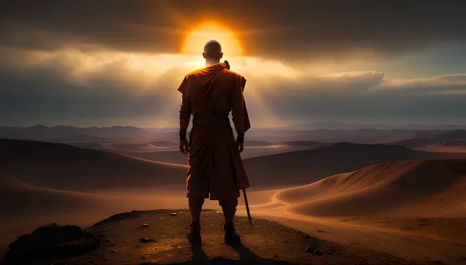 AI Monk in Desolate Wasteland with Glowing Aura
