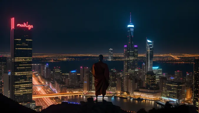 AI Monk on Mountain with Cityscape and Neon Lights