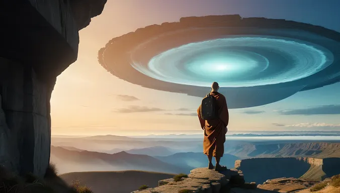 AI Monk on Windswept Digital Cliff