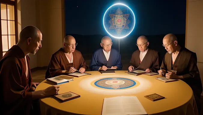 AI Monks Study Ancient Tomes with Holographic Projections