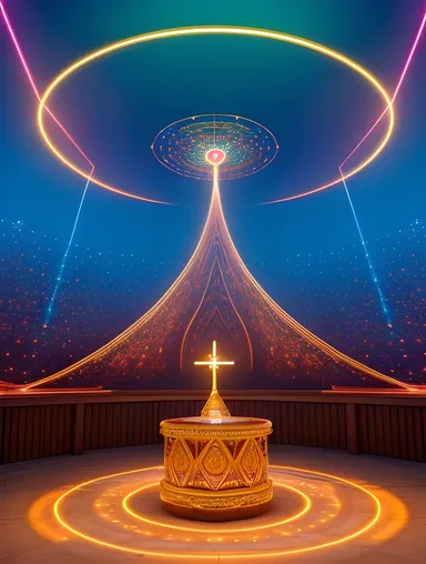 AI-Powered Altar Surrounded by Monks and Holographic Projections