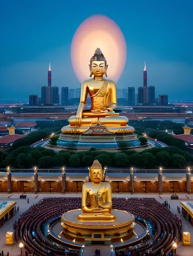 AI-Powered Temple with Monks and Digital Buddha Statue