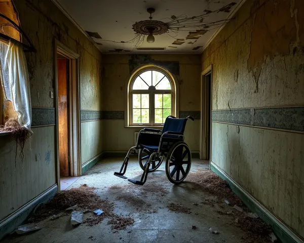 Abandoned Asylum's Vestige of Broken Wheelchair with Peeling Paint and Cobwebs