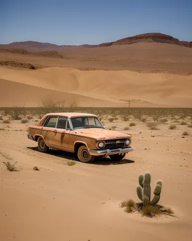 Abandoned Car in Desert with Cactus Guard