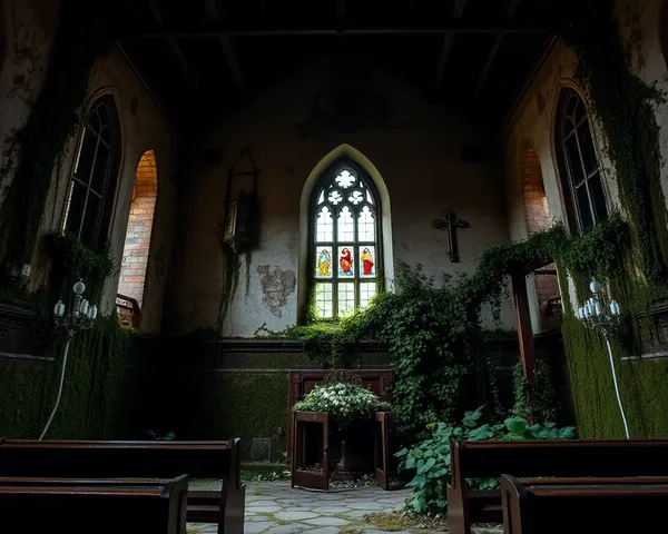 Abandoned Church's Vestige of Stained-Glass Window with Vines and Moss