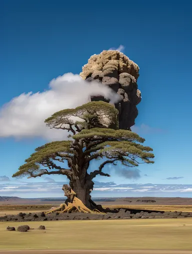 Action-packed Scene of Extinct Volcano with Ancient Tree Growing