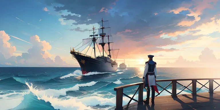 Admiral Standing Firm on Warship Bridge Amidst Stormy Weather