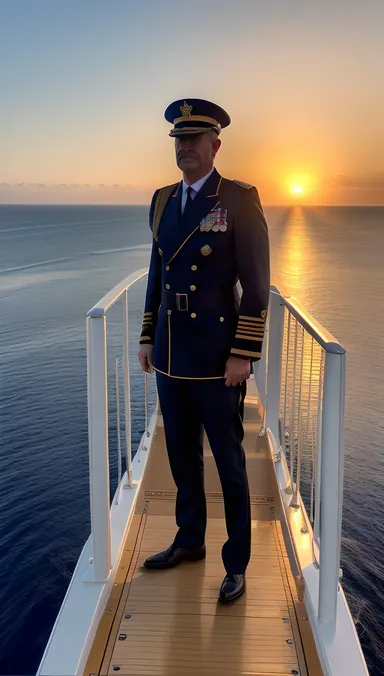 Admiral Standing Sternly on Majestic Warship Bridge at Sunset