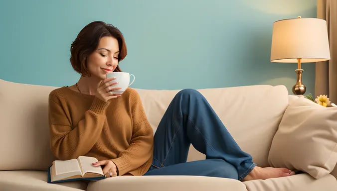 Adult Aunty's Cozy Afternoon with Tea and Book