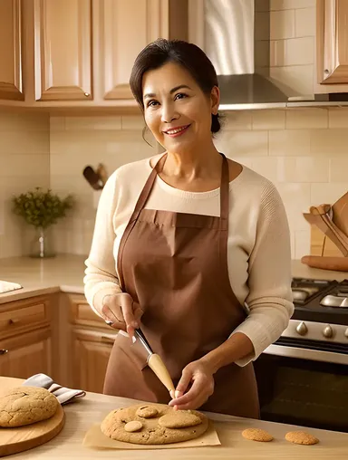 Adult Aunty Bakes Cookies in Cozy Kitchen