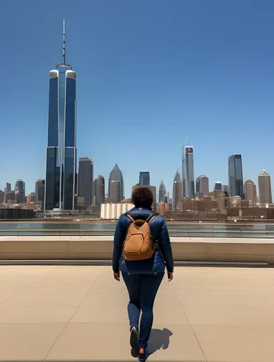 Adult Aunty Confidently Stands in City Skyline