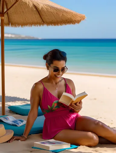 Adult Aunty Reads Book on Sunny Beach