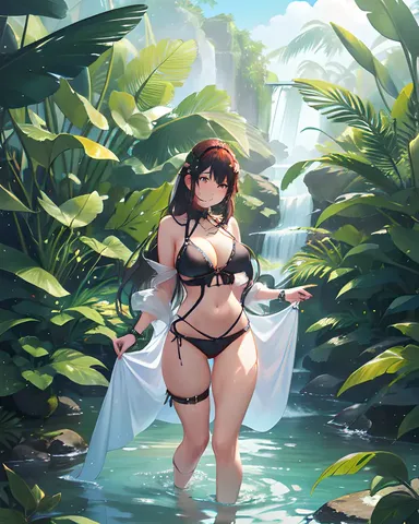 Adventurous Gril Wades Through Tropical Jungle River