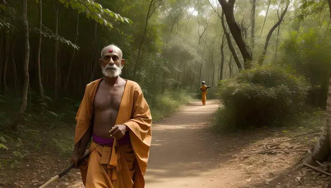 Adventurous Sadhu Walks Through Dense Forest, Carrying Staff