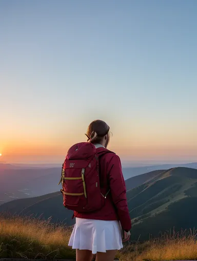 Adventurous School Girl Explores Sunset with Backpack