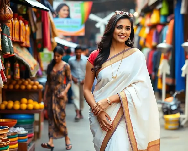 Adventurous White Saree Woman in Bustling Market